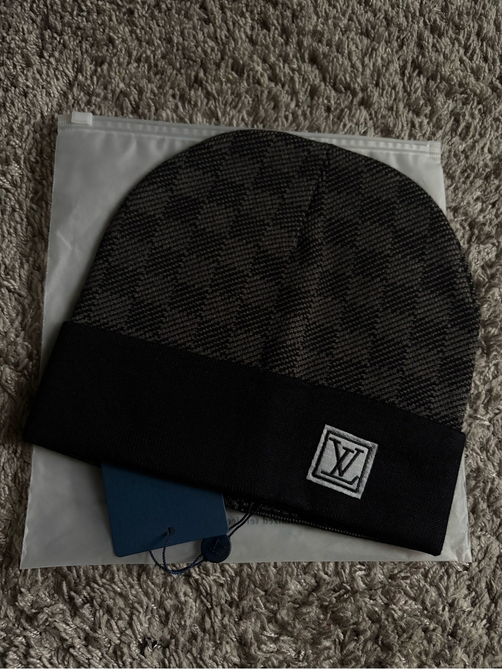 Louis Vuitton Black and Gray Knit Logo Cuff Beanie